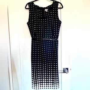 Harve Bernard black with white polka dots sheath dress with belt. Size 14.